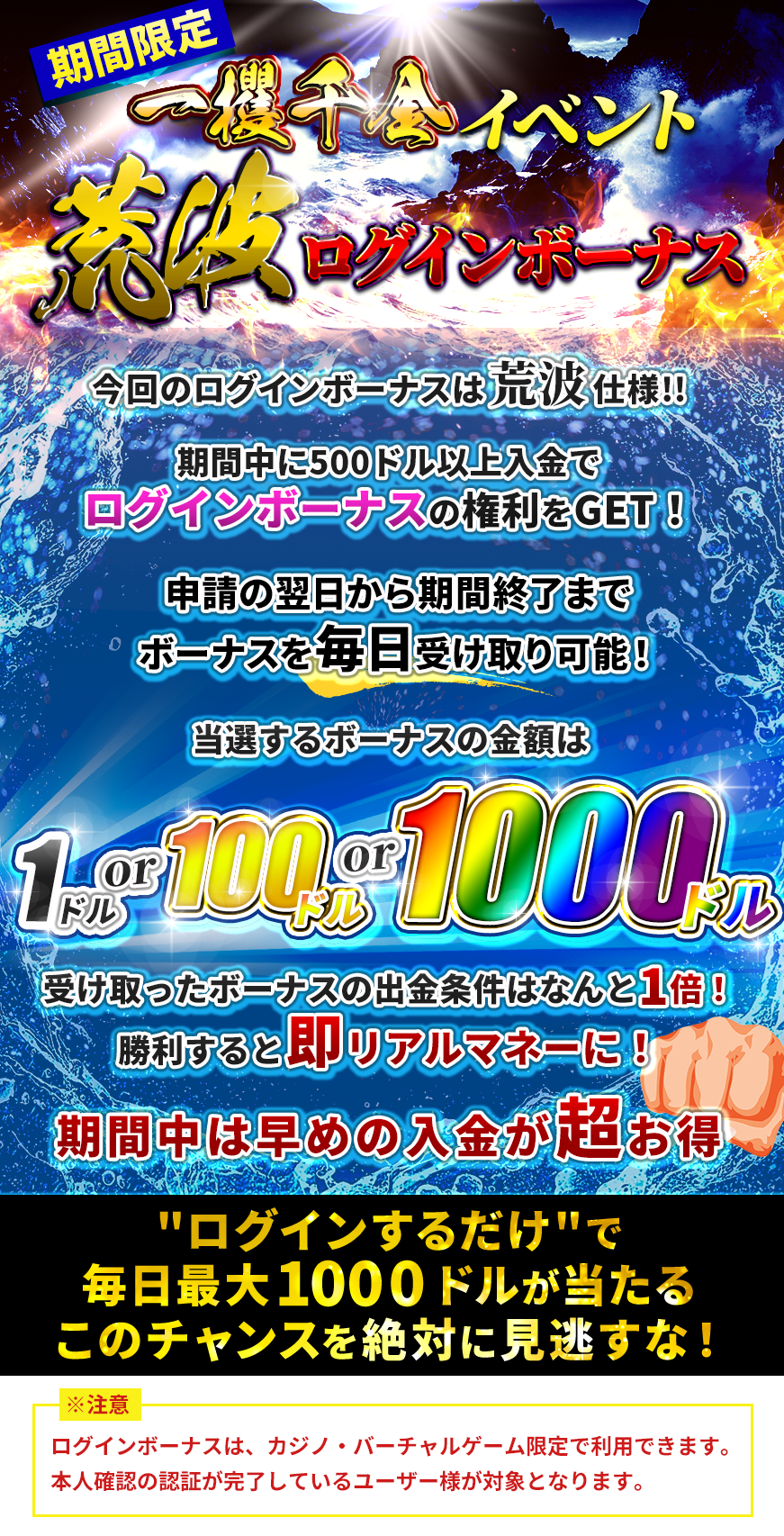 期間中に500ドル以上入金でログインボーナスをGET！
